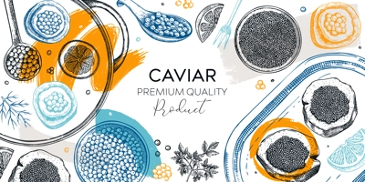 Seafood platter frame in collage style. Red caviar canape, black caviar tin can, lemons hand drawn sketches. Sea delicacy background for restaurant menu or finger food party. Trendy banner design